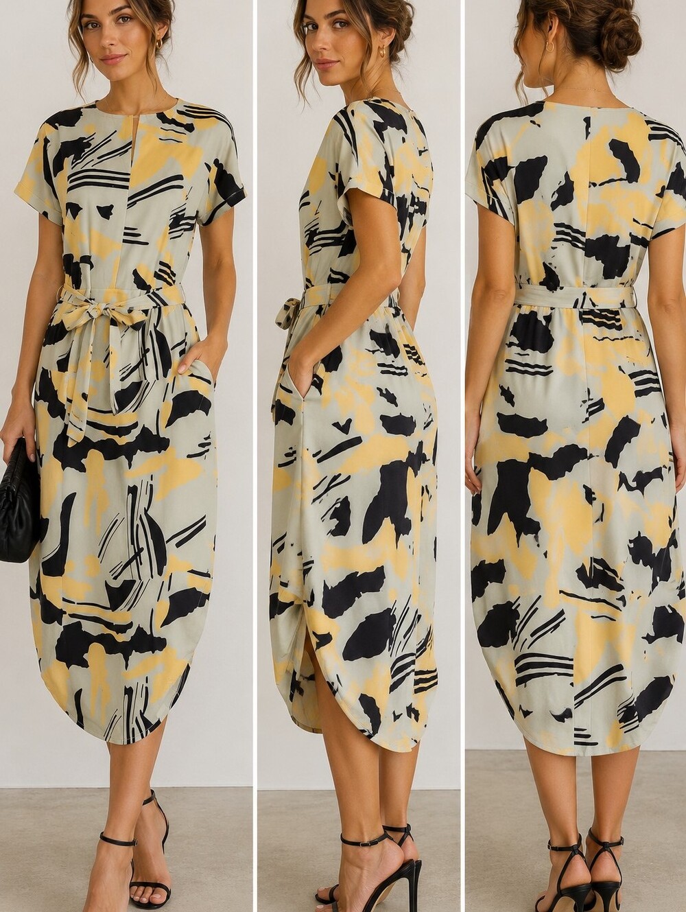 Drimmaks Butter Yellow Abstract Midi Dress Medium | Tie Waist Statement Artsy